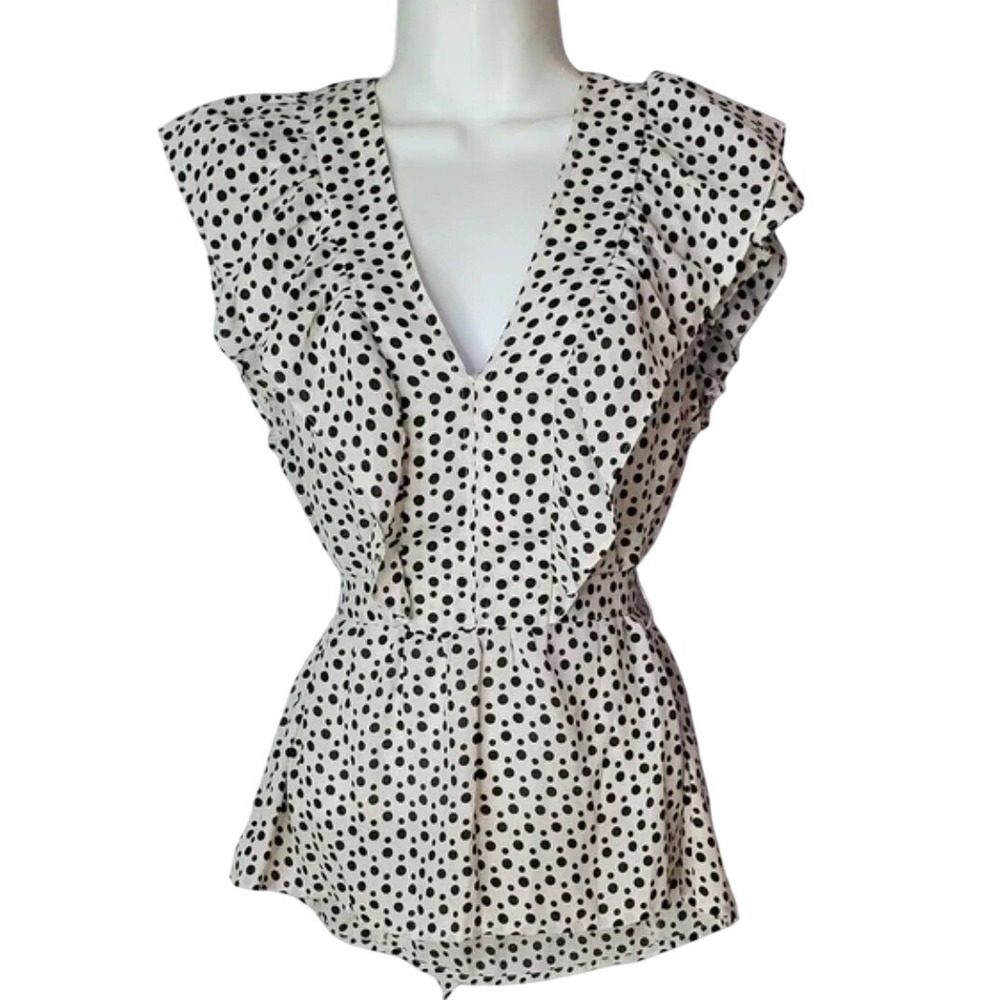 MAX STUDIO Polka Dot Ruffle Tie Waist V Neck Blouse Top Womens Size S